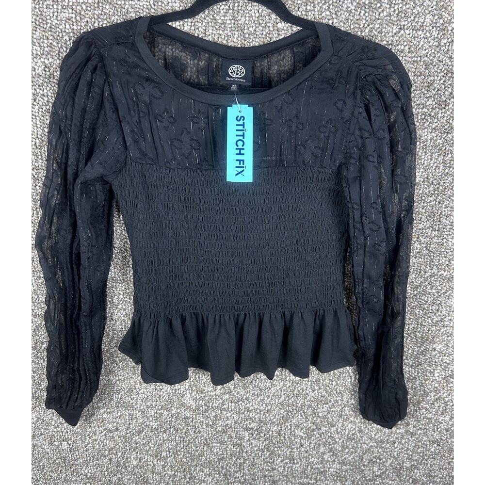 Women's Smocked Bodice Balloon Sheer Sleeves Silver Black XS Peplum Witchy